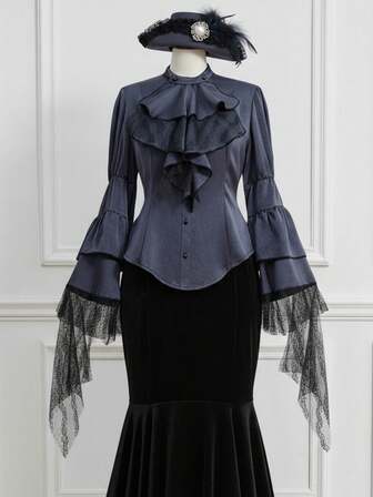 EDITION Plus Size Medieval Vintage Dark Gothic Lace Patchwork Long Sleeve Shirt