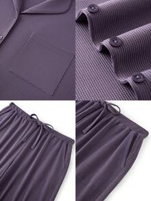 LUVLETTE Conjunto de pijama de talla grande de algodón suave y cómodo con textura de waffle a cuadros clásica, con top de manga larga y pantalones, ropa de otoño - Morado - Ver 3