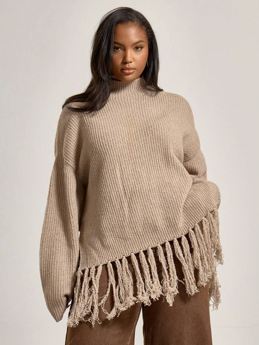 MUSERA Plus High Neck Ribbed Knit Drop Shoulder Fringe Trim Hem Long Sleeve Top Sweater , , Winter, Cool Girl, Cosy, Everyday  Spring - Khaki - View 1