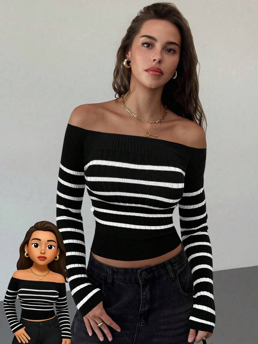 Aloruh Women's Chic Black And White Striped Off-Shoulder Fitted Cropped Knit Top,Minimalist Sexy Coastal Fashion Streetwear Autumn Night Out Date Clothes