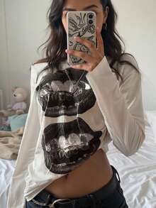 INAWLY Áo thun dài tay in hình đôi môi thường ngày dành cho nữ, mùa thu - trắng - Xem 1