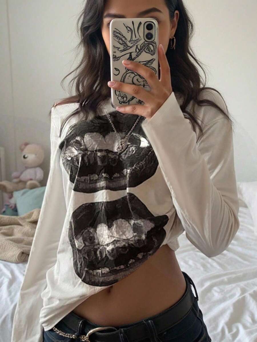 INAWLY Áo thun dài tay in hình đôi môi thường ngày dành cho nữ, mùa thu - trắng - Xem 1