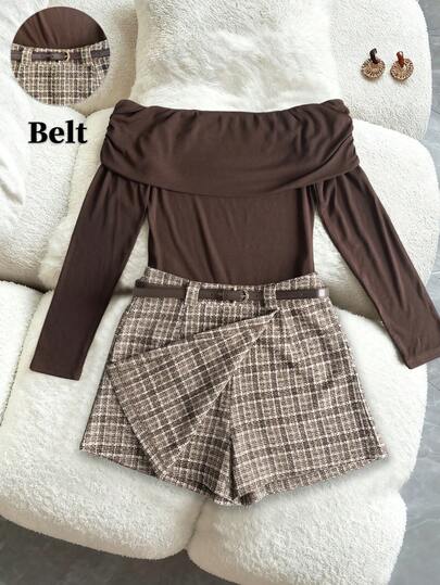 GlowEve Women's Elegant Romantic Commuter Viscose Brown Off Shoulder Ruffle Design Long Sleeve Slim Fit Top + Women's Elegant Romantic Commuter Brown Tweed Belt Decor Slim Fit Shorts, Christmas