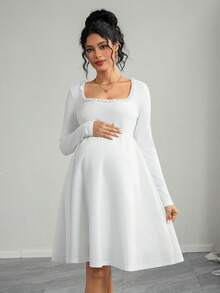 Momance Maternity Dress With Long Sleeves, Square Neckline, Pearl Trim, Double Layer A-Line Hem - White - View 4