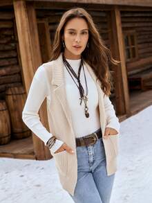 LanaWest Casual Elegant Notched Collar Pocket Knit Cardigan Vest For Women - Apricot - View 3