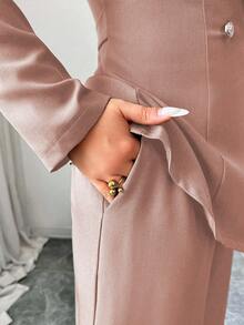 Elenzga Bộ đồ vest hai mảnh cổ chữ V ve áo thanh lịch, tay dài, thiết kế độc đáo, thắt lưng eo, cài nút, cao cấp kèm quần ống rộng ống đứng, phù hợp cho việc đi làm vào mùa thu - Hồng - Xem 6