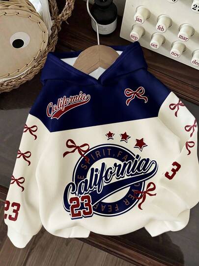 Slaydiva 大码女式撞色蝴蝶结印花连帽卫衣，适合秋冬季节，可爱卫衣，Y2K黑粉色卫衣，印花卫衣