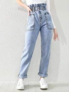 Tween Girl Casual Boho Holiday Paperback Waist Flat Pockets Mom Jeans With Button Front, Daily - Light Wash - View 4