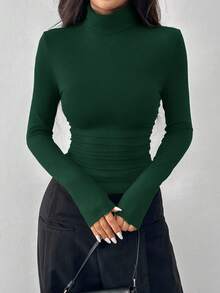 SHEIN EZwear Olive Green Plus Size Women High Neck Long Sleeve Ruched Fitted T-Shirt/Winter - Dark Green - View 4