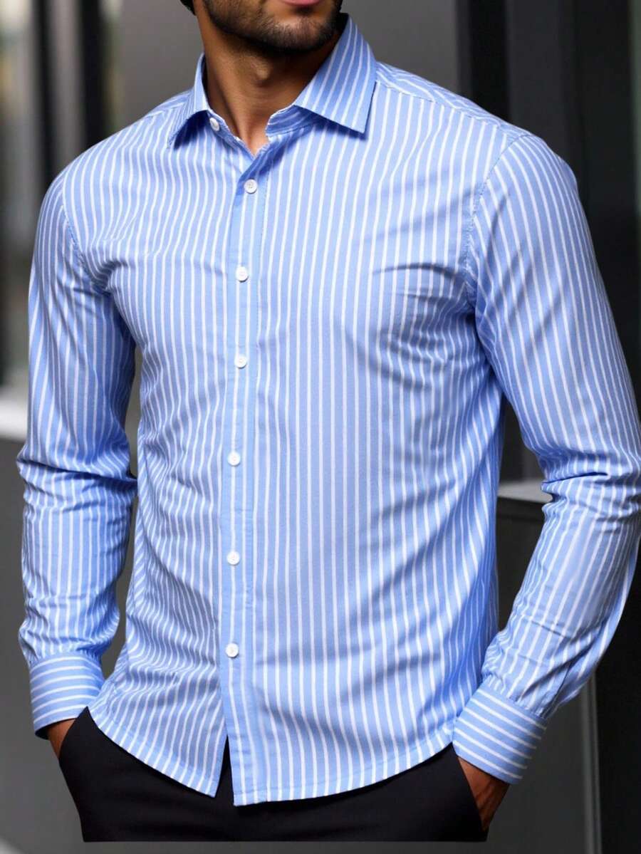 Manfinity Homme 加大码男士休闲通勤条纹衬衫，适合秋季穿着，长袖上衣