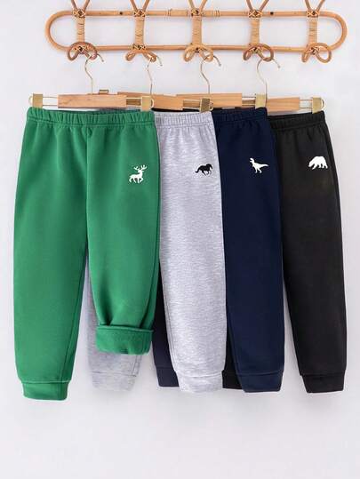 SHEIN 4 st. stickade mjukisbyxor för pojkar, vardagskläder, söta och roliga tecknade biltryck, flerpack, blandade färger, vardagskläder, semesterkläder, skolstart, förskoleklass, lämpliga för höst och vinter