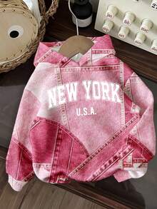 SHEIN EZwear 紫红色街头拼布城市文字“NEW YORK”图案印花卫衣，适合秋冬季穿着 - 彩色 - 查看 4