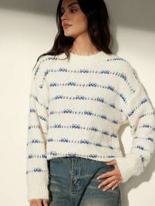 Aveloria Modichic Autumn/Winter New Slouchy Colorblock Fuzzy Soft Crew Neck Pullover Sweater - Multicolor - View 1