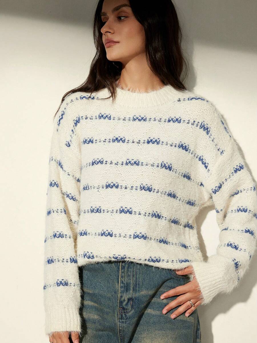 Aveloria Modichic Autumn/Winter New Slouchy Colorblock Fuzzy Soft Crew Neck Pullover Sweater - Multicolor - View 1
