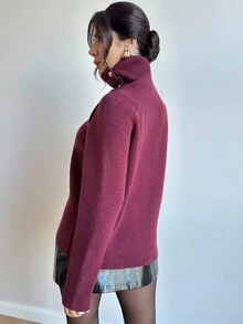 Firerie Women's Asymmetric Off-Shoulder Metallic Button Long Sleeve Sweater, Convertible High Neck & Off-Shoulder Design, Burgundy Loose Fit Knit Pullover, Holiday Sweater, Suitable For Christmas, Autumn/Winter, Elegant, Work, Sexy, Casual, Festive,Cozy Fall And Winter Clothes For Women,New Year Clothes - Burgundy - View 5