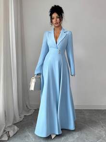 Selianne Robe longue élégante bleu avec ceinture à la taille pour femmes, convient pour les rendez-vous, les événements sociaux et les sorties en automne - Bleu azur - Voir 6