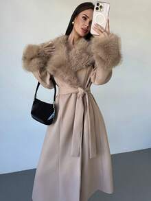 Firerie 女士优雅奢华复古硬币休闲、通勤、派对、都市时尚百搭保暖毛领、毛袖口、收腰长款驼色大衣，秋冬 - 杏色 - 查看 8