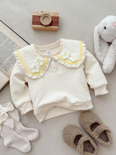 Blossori Baby Girls' French Elegant Floral Decor Turndown Collar Pullover Sweatshirt