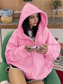 INAWLY Solva Women Plain Hooded Zip Pocket Long Sleeve Casual Sweatshirt Graduation,Back To School,Graduation,Teacher For Women,Back To School Pullover Fall - Pink - View 4