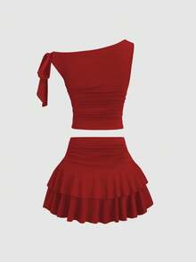 Sweetra Damen Sommer Bronze Metallic Blumen Trägerhemd & plissierter mehrlagiger Mini-Rock Set - Rot - Übersicht 4