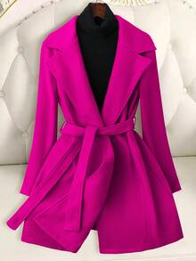 EMERY ROSE Women Solid Color Waist Belt Elegant Long Sleeve Overcoat, Autumn/Winter Black Coat Women