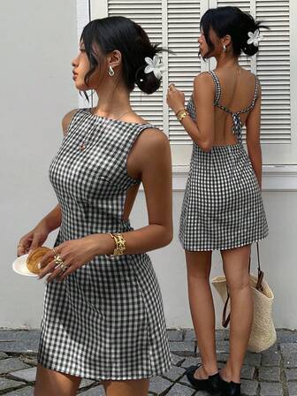 MainGRL Black & White Plaid Woven Backless Mini Dress For Women Checkered Dress Gingham Dress Houndstooth Dress Mod Dresses Open Back Summer Dress