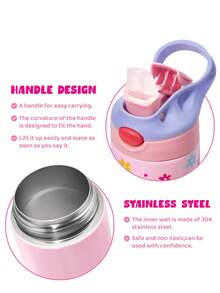 DORA | SHEIN 500 ml Bouteille d'eau en acier inoxydable avec paille, avec poignée, convient pour les sports, les voyages et l'école - Rose bonbon - Voir 5