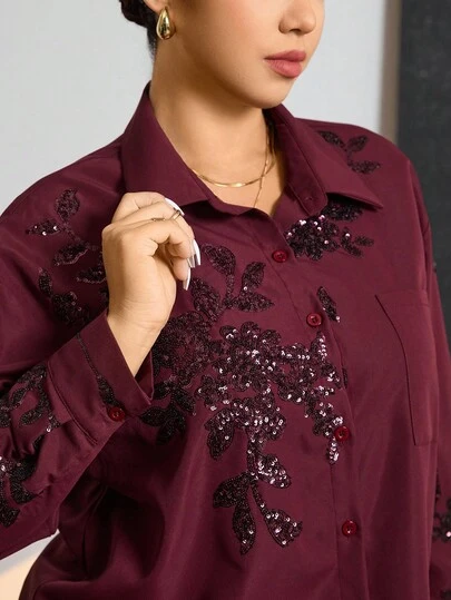 Zelara 大码女式花卉亮片落肩长袖单排扣口袋时尚衬衫