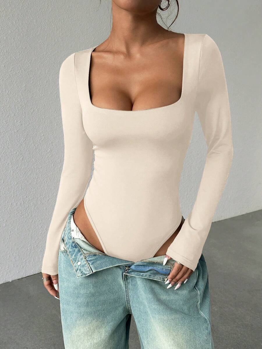 StreetHx 女士长袖紧身衣，棕色，修身剪裁，简约百搭，通勤适用