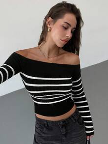 Aloruh Women's Chic Black And White Striped Off-Shoulder Fitted Cropped Knit Top,Minimalist Sexy Coastal Fashion Streetwear Autumn Night Out Date Clothes - Black - View 6