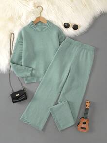 SHEIN Setelan Sweater dan Celana Rajut Warna Polos Hijau Muda Kasual Musim Gugur untuk Anak Perempuan Remaja, Pakaian Rajut Lengan Panjang Musim Dingin untuk Anak Perempuan, Setelan Dua Potong - Cadet Blue - View 1