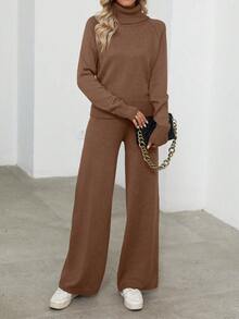 EMERY ROSE 2件套女士纯色休闲长袖毛衣上衣和裤子 - 棕色 - 查看 7