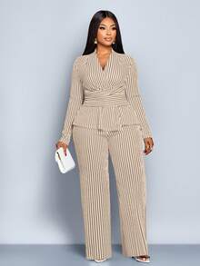 SOLERSUN 大码女装秋冬优雅条纹V领长袖T恤和阔腿裤两件套，不对称下摆两件套，休闲日常穿着，女装冬装女装秋装，包裹性，扭纹，腰带，黑白条纹提花纹理面料，日常穿着，通勤，购物 - 杏色 - 查看 7