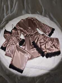 SilkySpell 4pcs/Set Women Sexy Satin Camisole Top, Pants, Elegant Robe, Shorts, Plus Size Pajama Set, Khaki, All Season, Outerwear Satin Sleepwear Set Satin Robe Set Satin Sleep Set Fall Winter Clothes - Brown - View 4