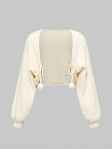 ROMWE Kawaii 2pcs Fall & Winter Outfits: Cute Deer Embroidered Fuzzy Halter Vest & Knit Sweater Set For Women - Beige - View 3