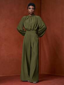 Zivah Hàng mới về đầu thu 2025, Thích hợp cho tiệc sinh nhật, trở lại trường, phong cách trường học, trang phục hàng ngày, thường ngày, nghỉ dưỡng, du lịch du thuyền, bãi biển, tắm nắng, thanh lịch, đi làm, thường ngày công sở, áo dài tay nữ có cổ đứng và chi tiết nhún bèo cùng quần ống đứng có túi và khóa kéo, màu đỏ rượu, bộ 2 món - xanh quân đội - Xem 3