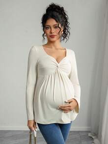 Momance Maternity Long Sleeve T-Shirt With Heart Neckline And Twist Front Design, A-Line Hem - Apricot - View 5
