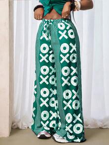 BamGleam Women's Striped Print Tie Waist Loose Wide Leg Casual Pants - Dark Green - View 5