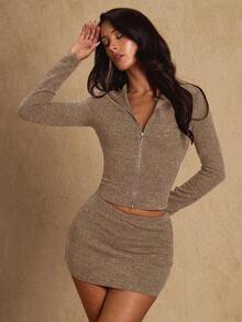 Glamine 2pcs Set: Elegant Minimalist Brown Long Sleeve Cropped Top And Bodycon Mini Skirt Sweater Dress Brown Bodycon Dress Coffee Brown Dress Earth Tone Dress Christmas Outfit Women Christmas Clothes