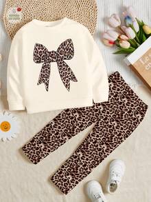 SHEIN Happikins 2pcs/Set Young Girl Vintage Leopard Print Bow Decor Sweatshirt And Leggings,Autumn School Back-To-School Outfit,Streetwear Fall/Winter Set - Multicolor - View 2