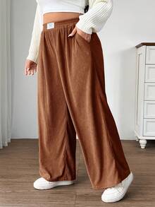 SHEIN EZwear 大码女式锈棕色灯芯绒高腰宽松阔腿裤，带口袋和贴片设计，适合校园、日常穿着和室内工作，秋冬季 - 鏽棕色 - 查看 4