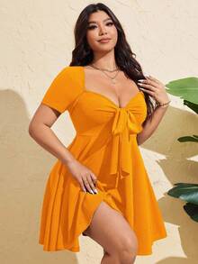 Flirla 大码女式性感前系带短袖紧身连衣裙，夏季 - 黃色 - 查看 3