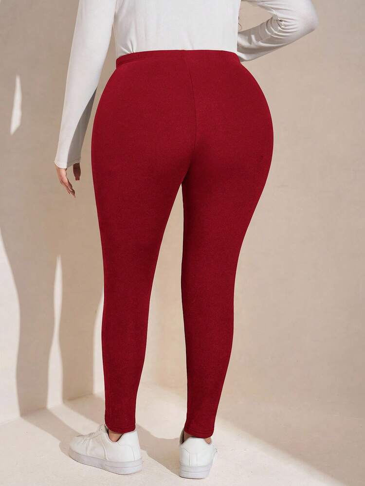 Plus Size Solid Color Thermal Lined Leggings, Casual For Autumn/Winter Knit Pants Red Clothes Red Sweatpants Red Pants Burgundy Pants Red Pants For Women