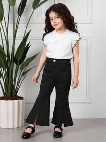 SHEIN 年輕女孩荷葉邊上衣和純色喇叭褲套裝 - 黑與白 - 查看 1