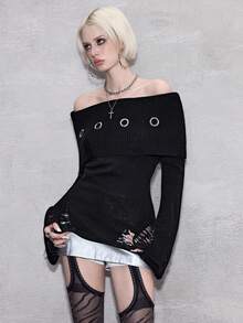 ROMWE Avant Y2K Punk Kpop Ripped Design Waist Cinched Flare Sleeve Metal Grommet Accent Off-Shoulder Sweater - Black - View 4