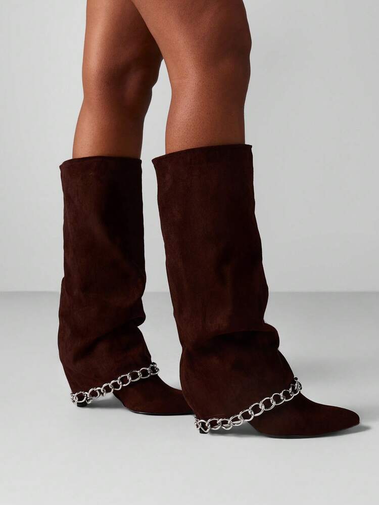MISSGUIDED Luxury Suede Knee High Boots With Chain Detail Pointed Toe Winter Fashion Statement Boots Evening Wear Special Occasion Footwear