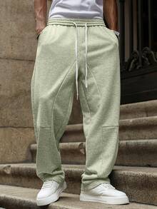 Manfinity Hypemode Plus Size Men's Solid Color Drawstring Waist Pockets Wide Leg Loose Casual Sweatpants - Apricot - View 3