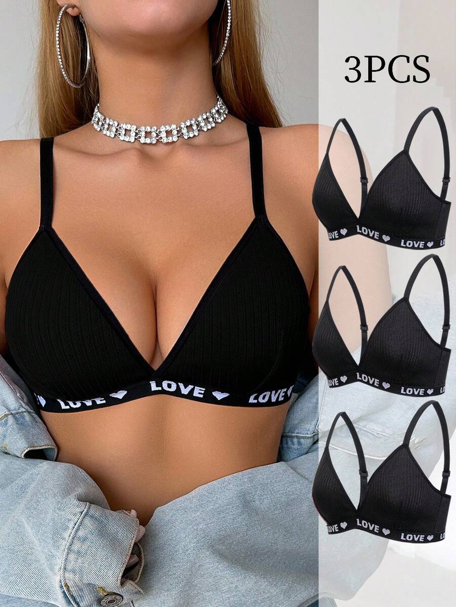 SHEIN 3件套女士字母提花无钢圈聚拢文胸 - 彩色 - 查看 1