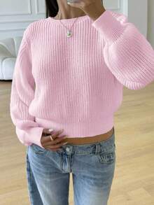 SHEIN Áo len ngắn tay bồng cổ tròn màu hồng cơ bản thu đông cho bé gái tuổi teen - Hồng - Xem 3