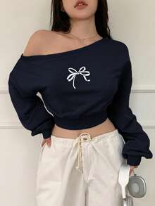 DAZY 女士春秋长袖休闲不对称肩部蝴蝶印花运动衫、长袖上衣、秋季女装 - 藏蓝色 - 查看 2